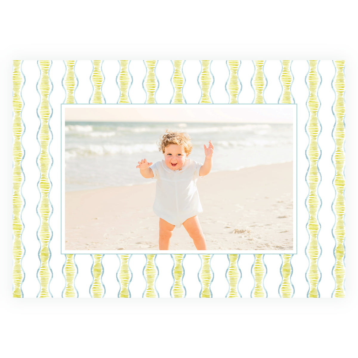 Blue and green wavy stripe personalized family Christmas card