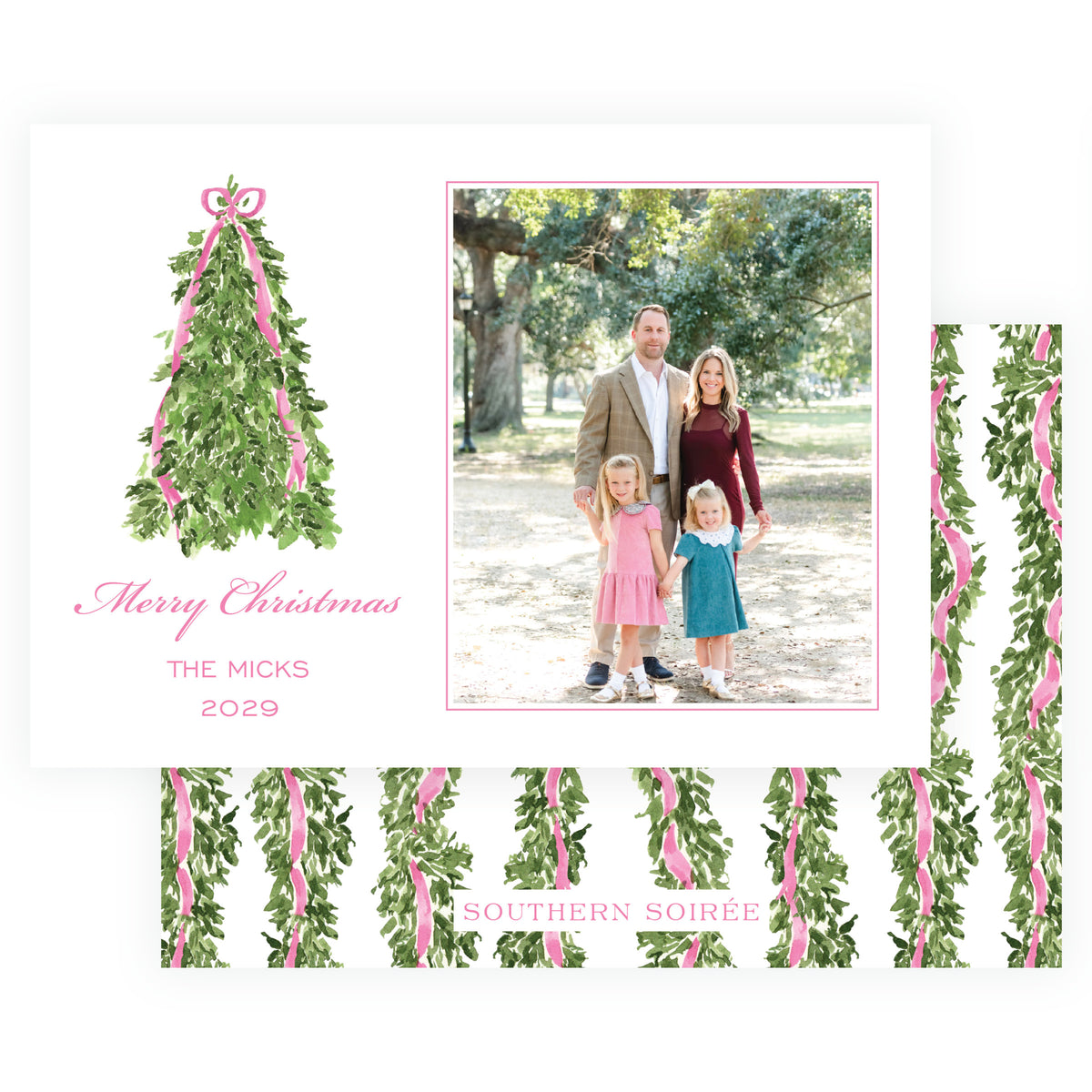 Pink Christmas tree personalized Christmas photo card with watercolor greenery