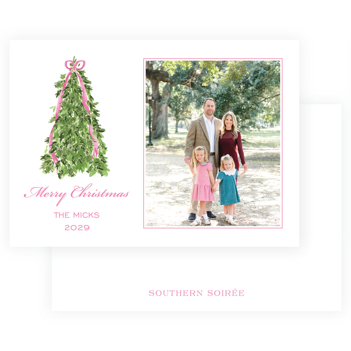 Watercolor Christmas tree and pink ribbon family photo Christmas card