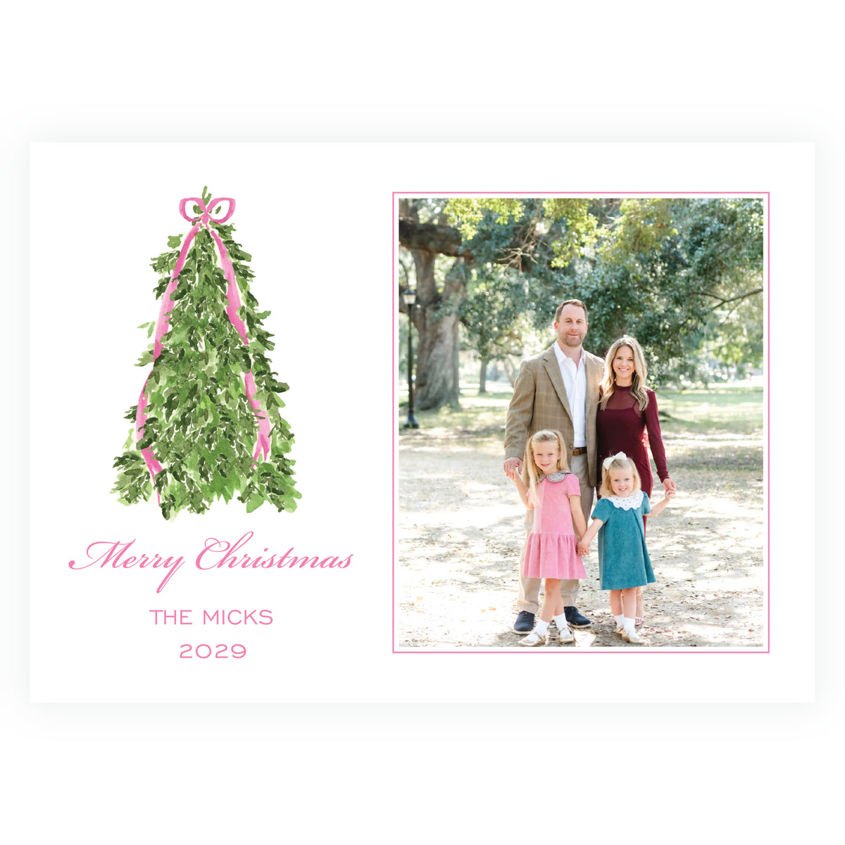 Decked in Garland pink Christmas tree personalized holiday photo card