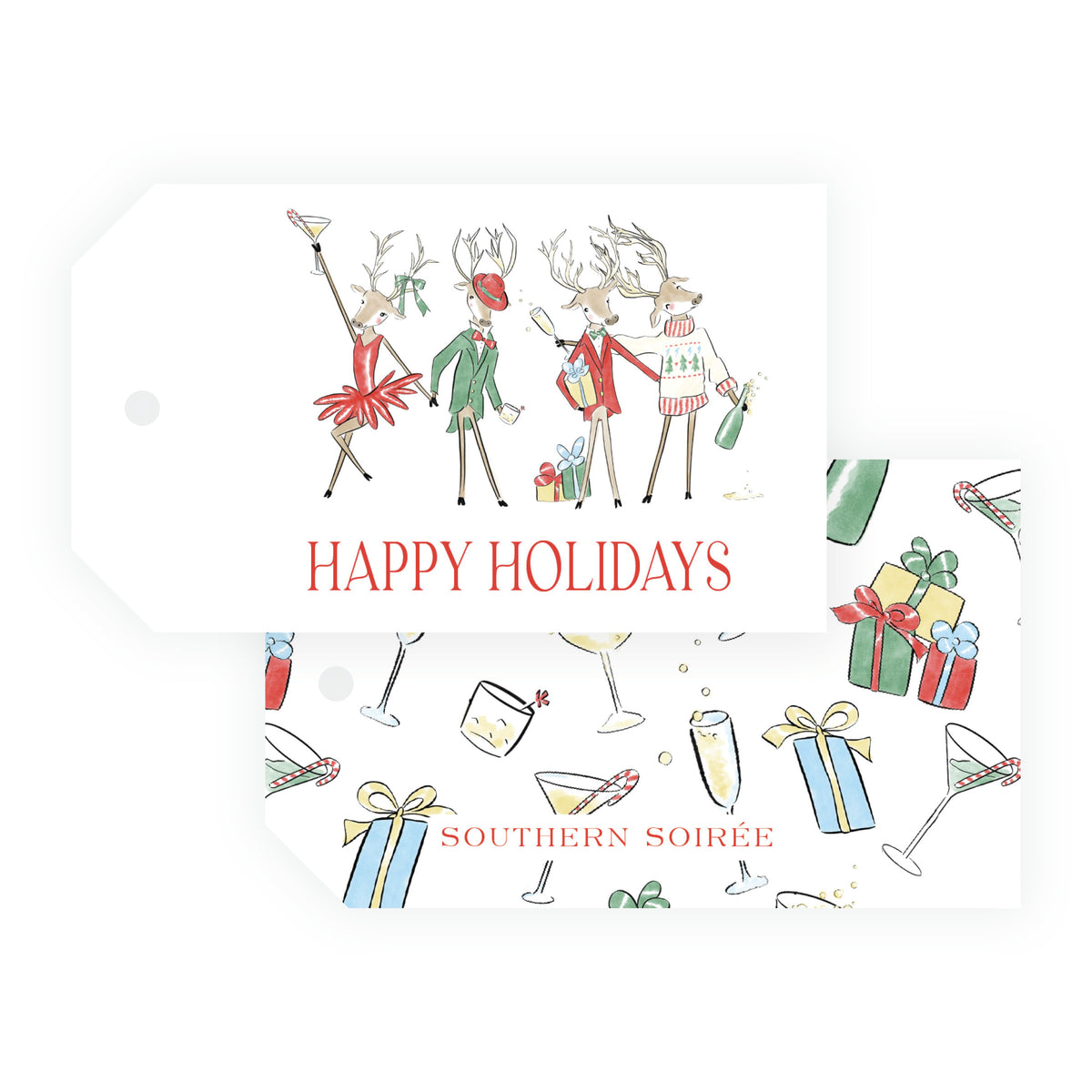 Reindeer Revelry 2.375 x 4 landscape personalized Christmas gift tag with watercolor reindeer and pre-punched hole