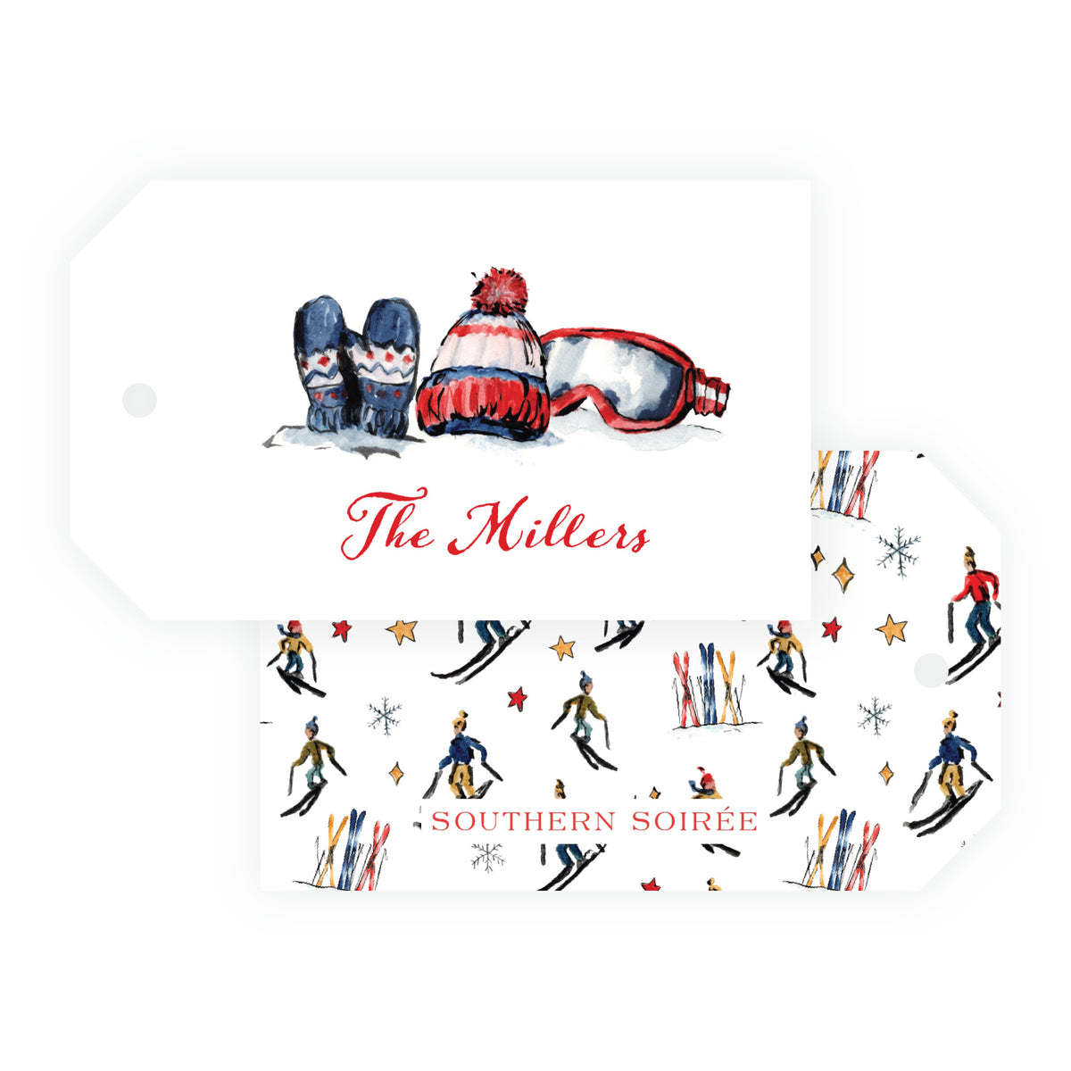 Alpine Holiday Ski Gear landscape personalized Christmas gift tag with watercolor mittens hat and goggles