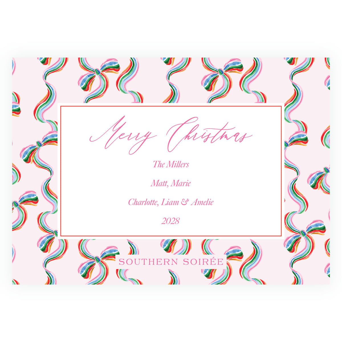 Merry Wreath Pink Landscape Personalized Christmas Photo Card