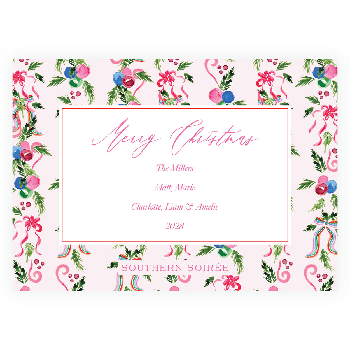 Merry Wreath Pink Landscape Personalized Christmas Photo Card
