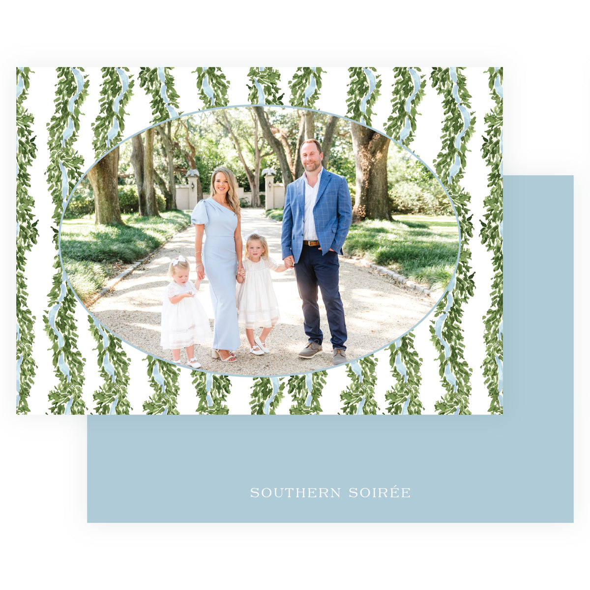 Decked in Garland – Blue Ribbon Garland Landscape Personalized Christmas Photo Card