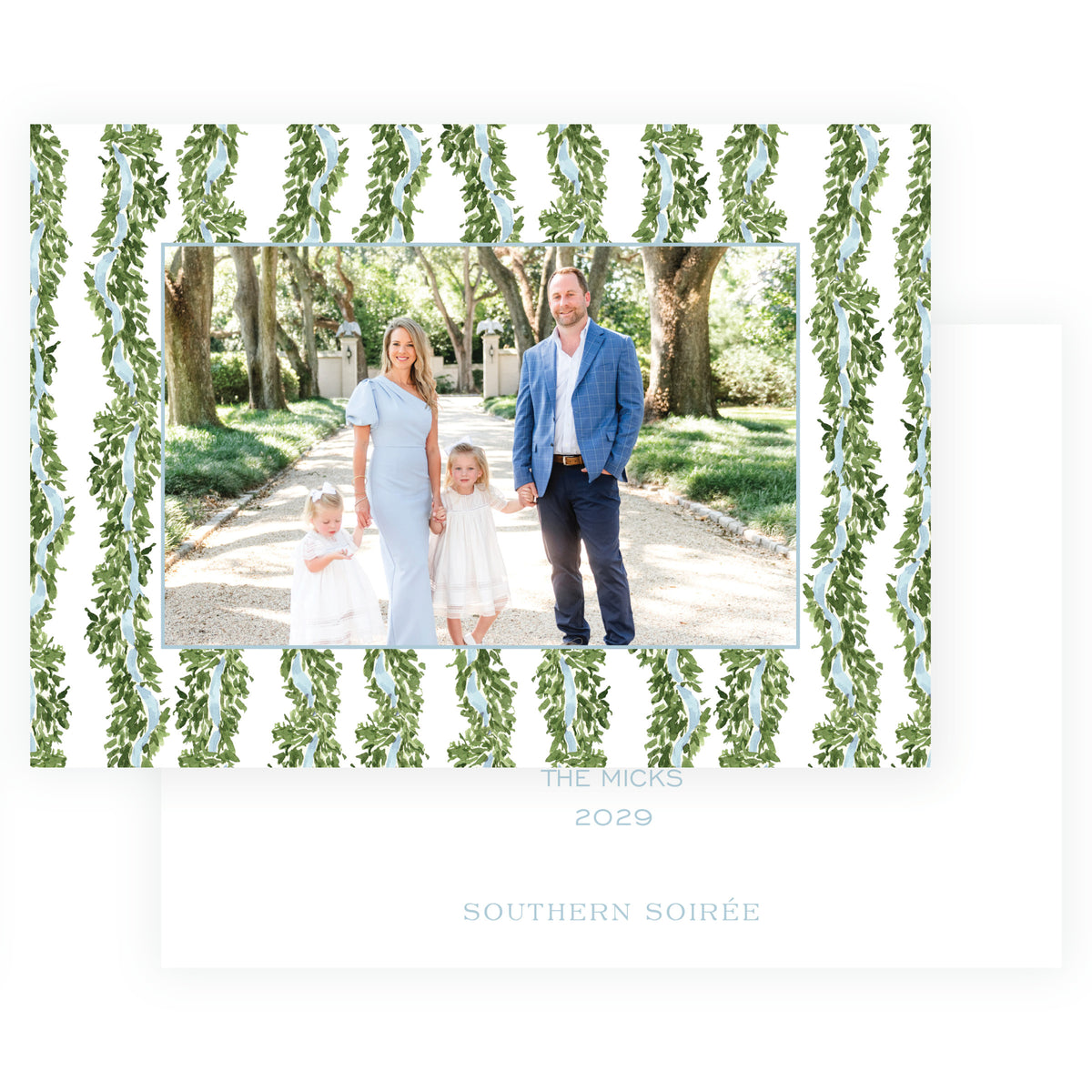 Decked in Garland – Blue Ribbon Garland Landscape Personalized Christmas Photo Card