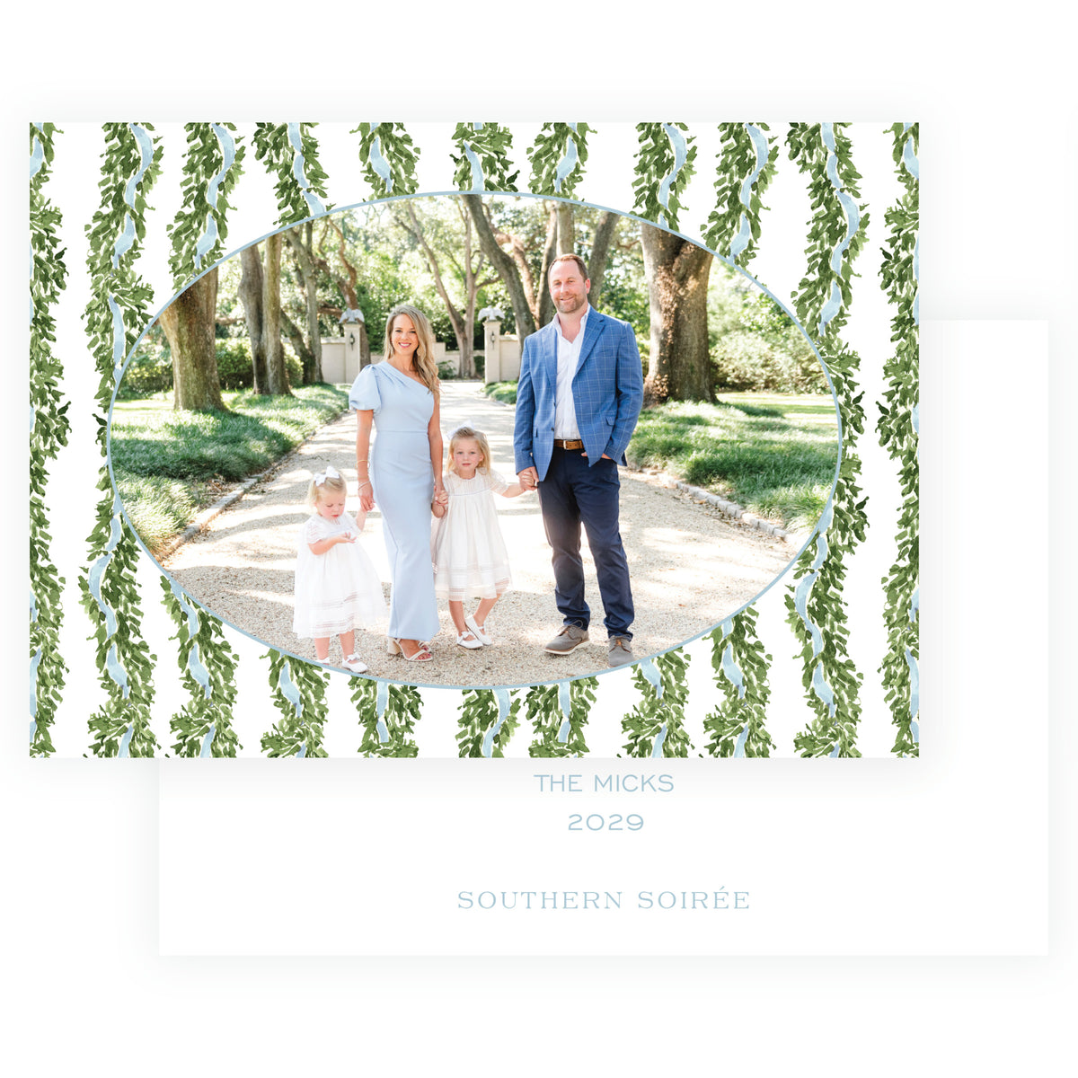 Decked in Garland – Blue Ribbon Garland Landscape Personalized Christmas Photo Card