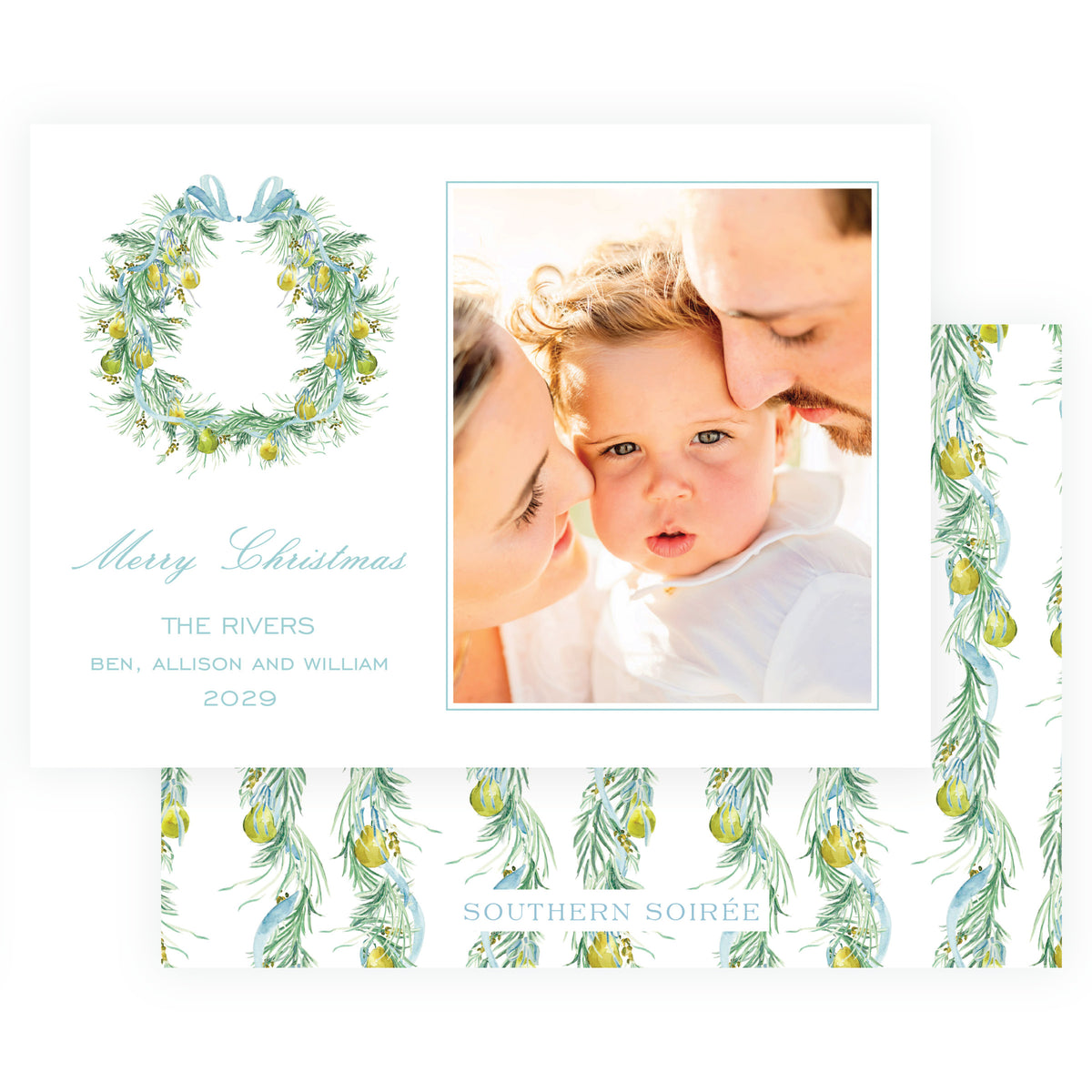 Evergreen & Pear – Pear Wreath Landscape Personalized Christmas Photo Card