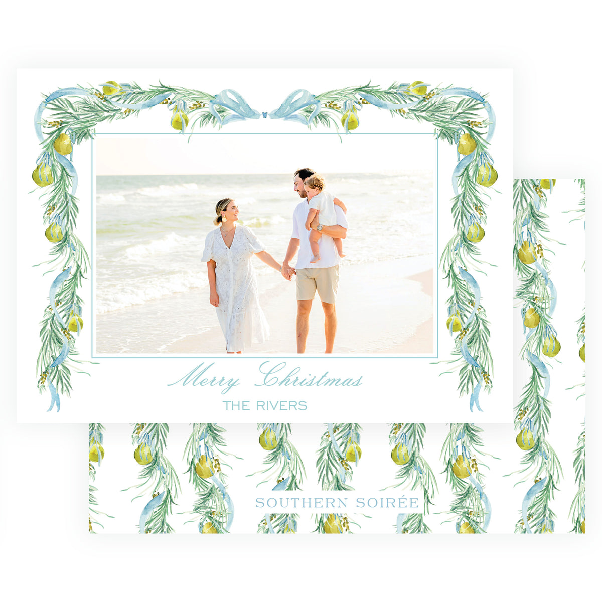 Evergreen and Pear garland frame landscape personalized Christmas photo card