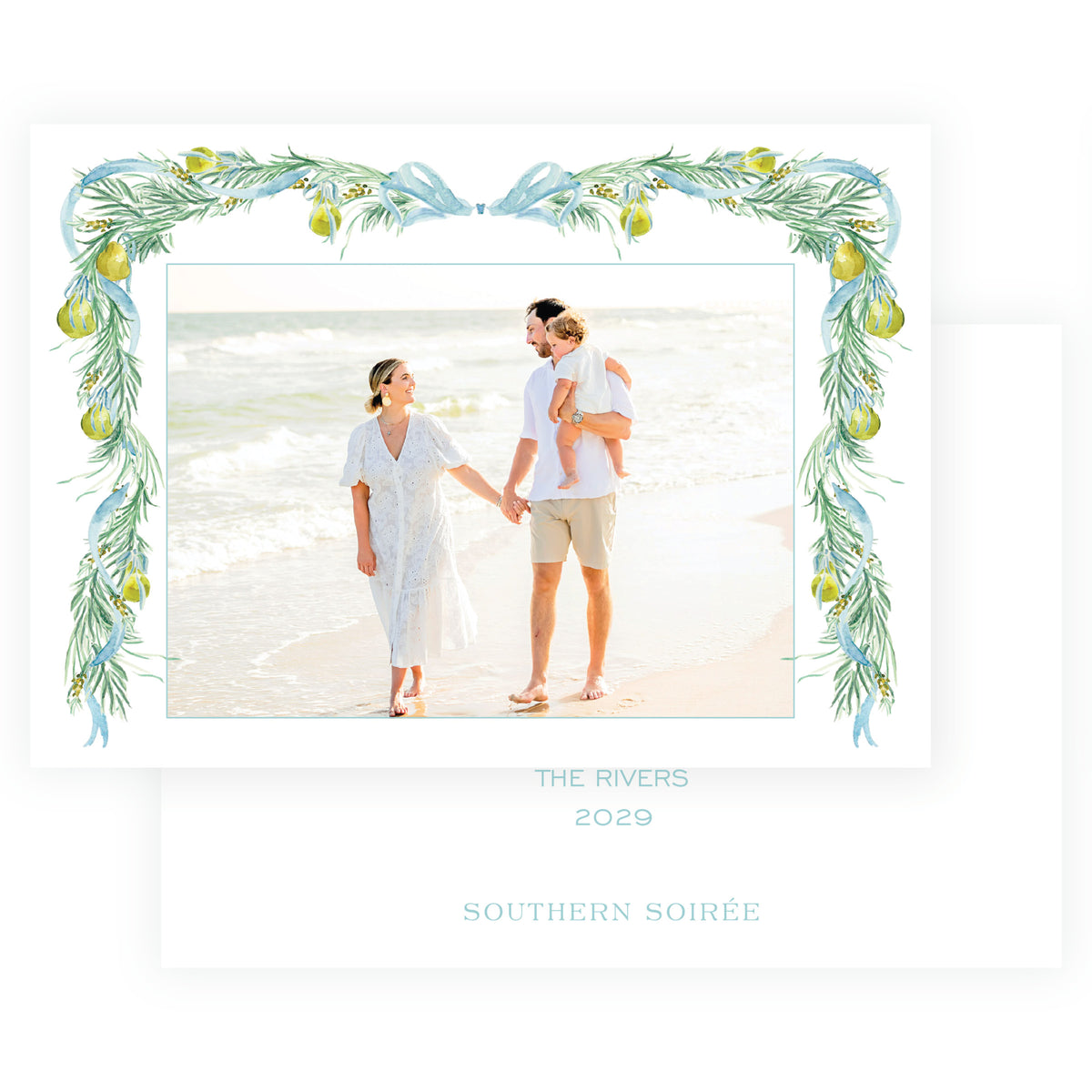 Evergreen and Pear full frame garland personalized Christmas photo card