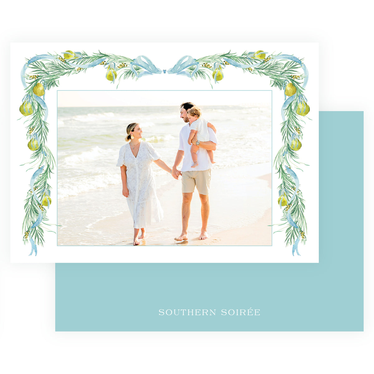 Blue ribbon evergreen and pear landscape Christmas photo card