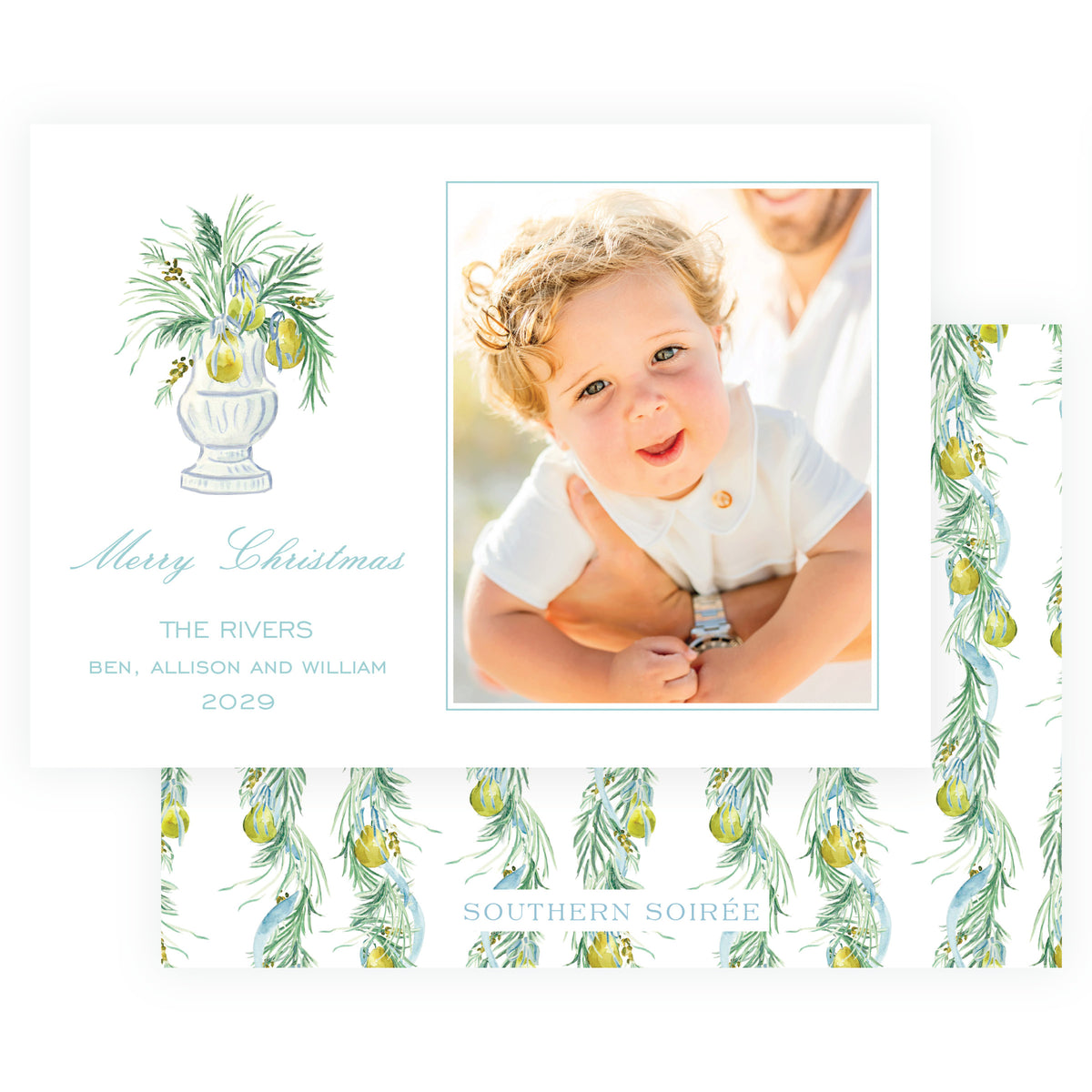 Personalized Christmas card with watercolor pear and evergreen urn