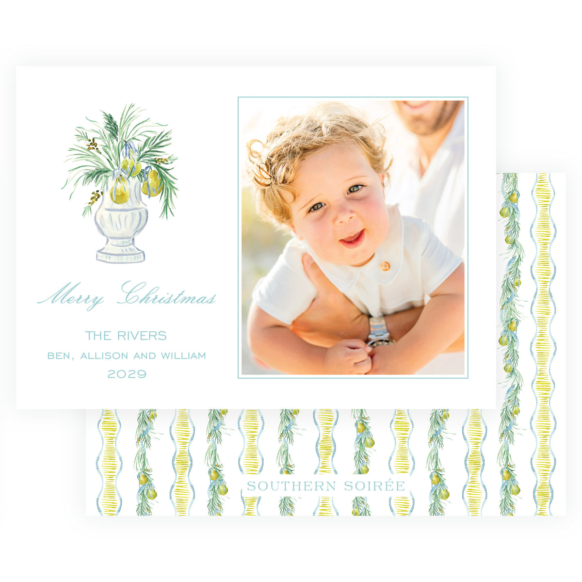 Landscape family Christmas photo card with golden pear arrangement
