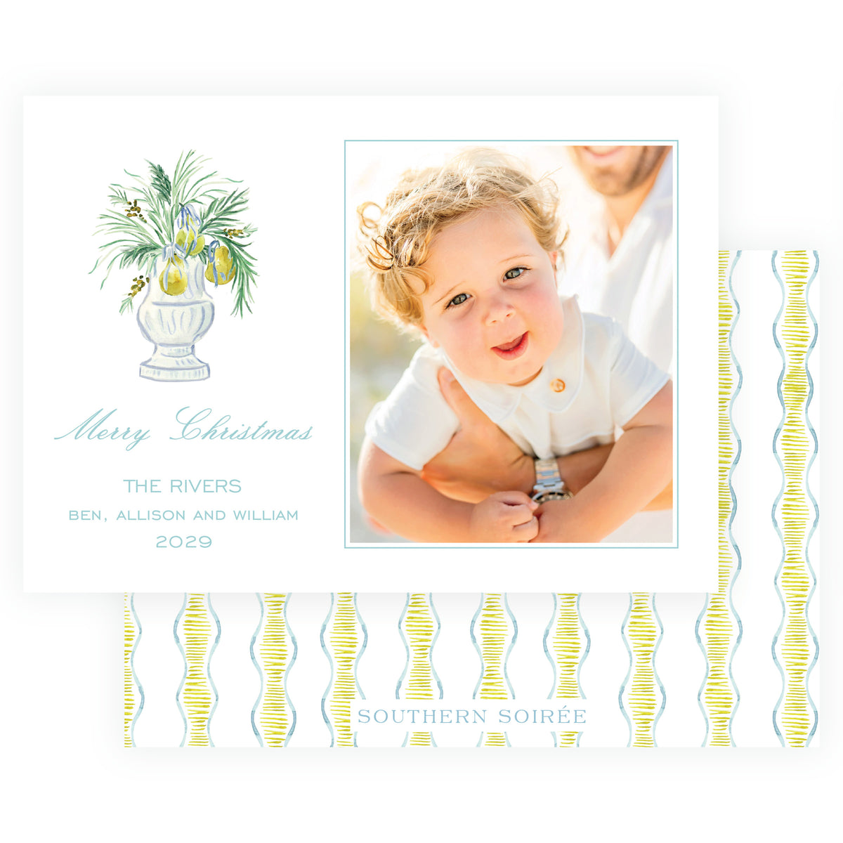 Evergreen and Pear urn landscape personalized Christmas photo card