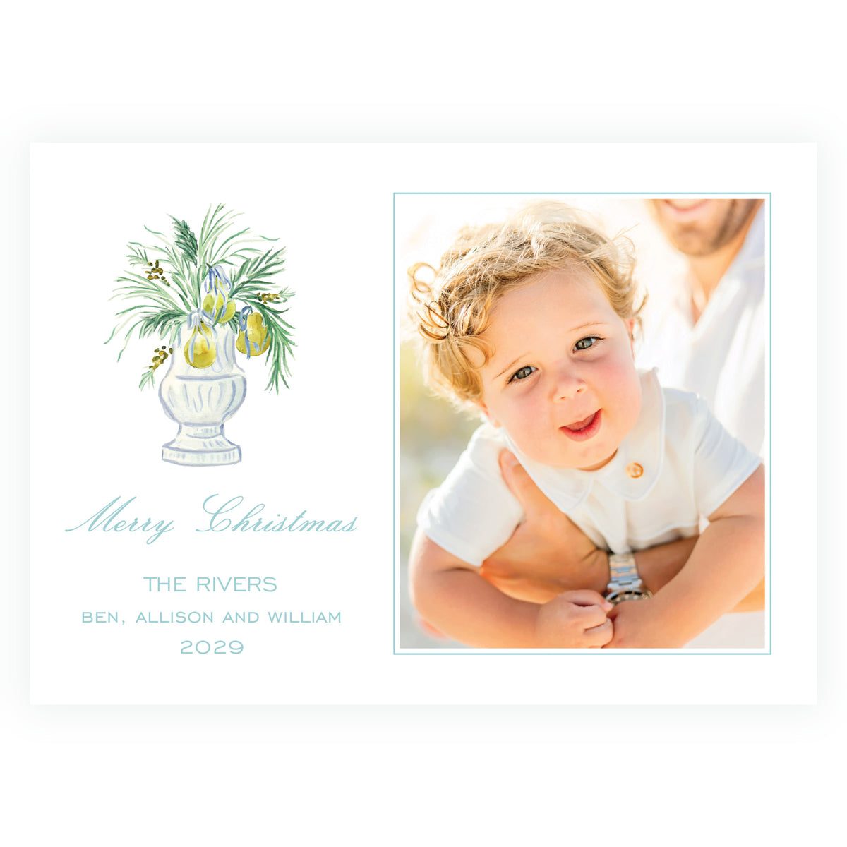 Blue green and golden pear personalized Christmas photo card