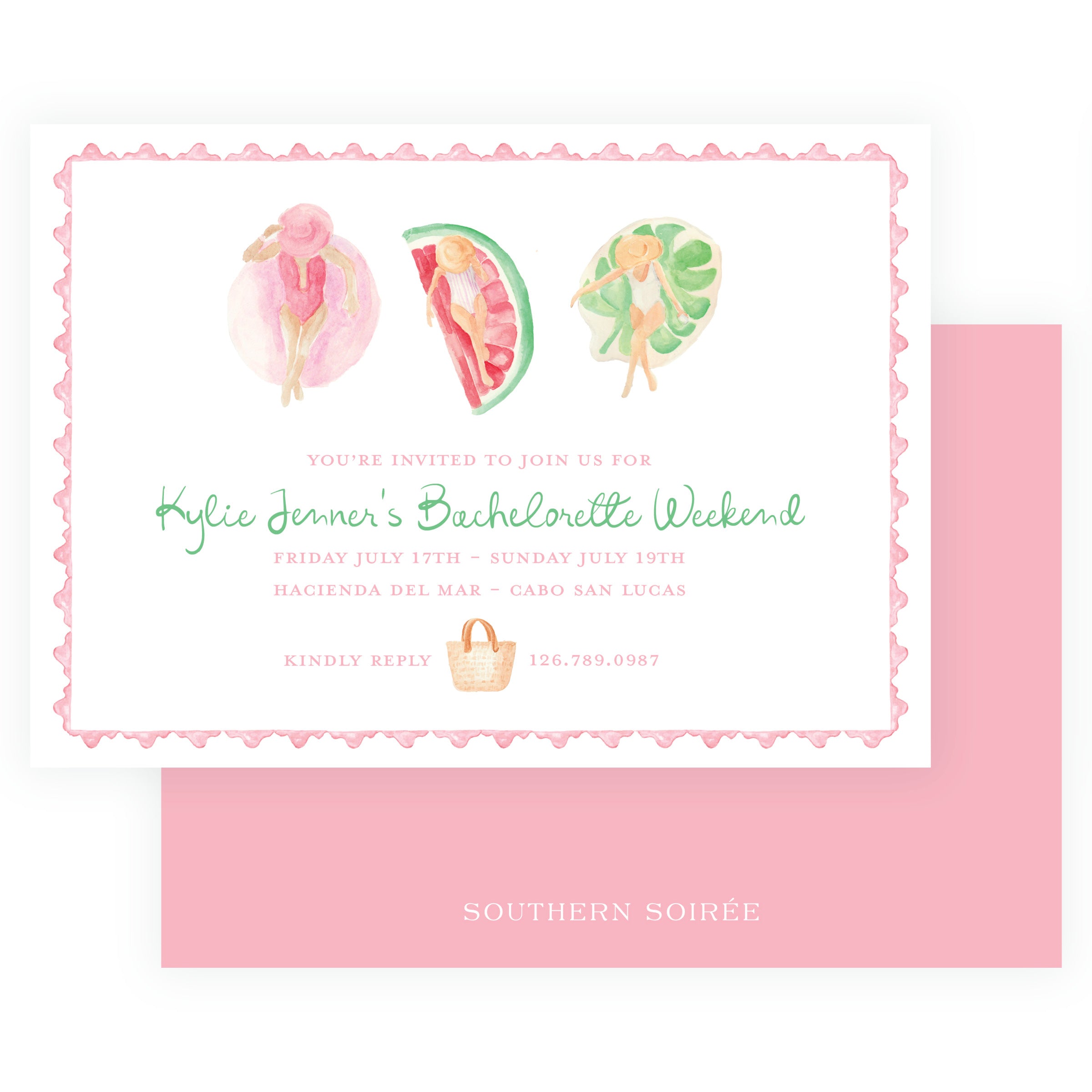 Pink tropical bachelorette party invitation with whimsical watercolor poolside details