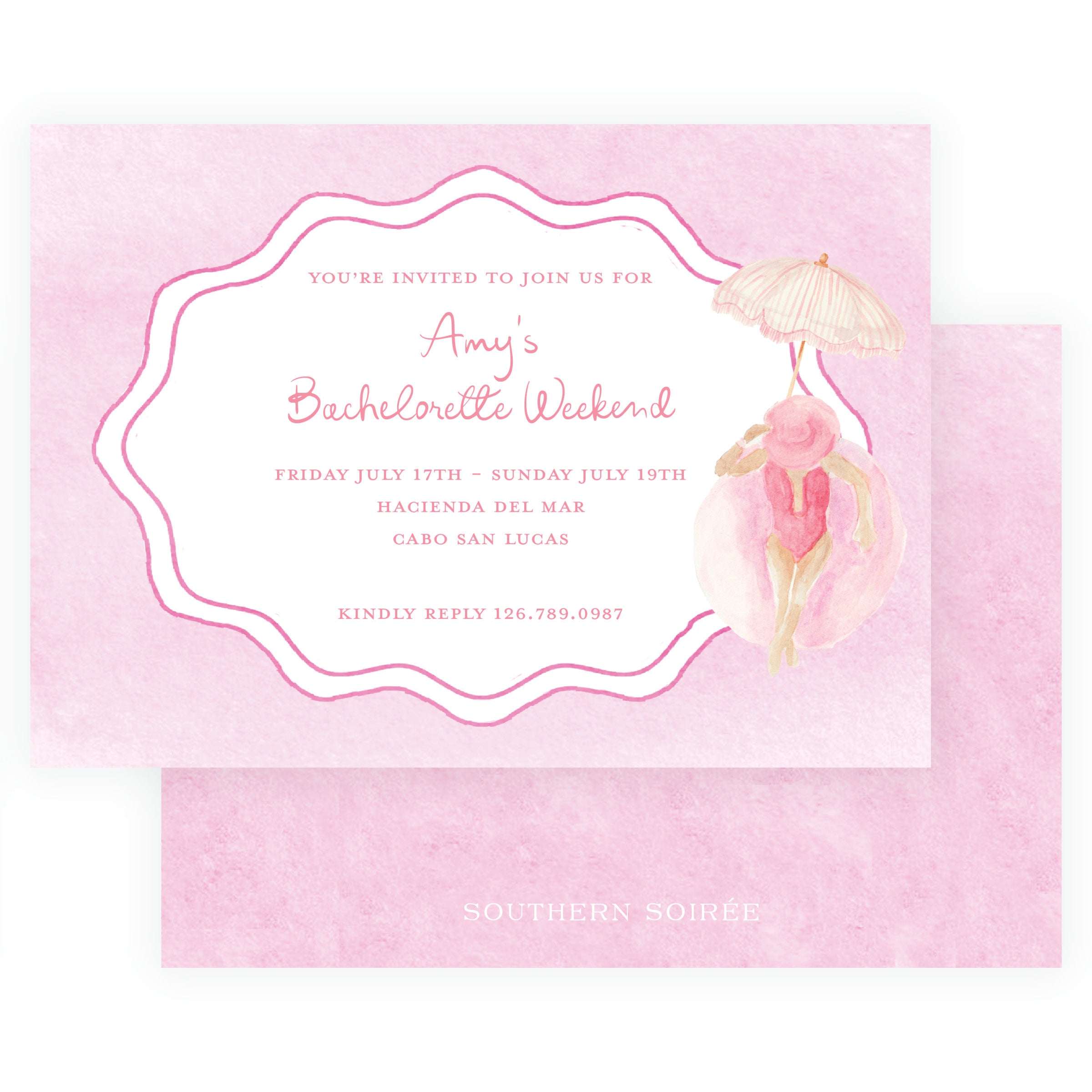 Pink landscape bachelorette party invitation with personalized wording and watercolor cocktail artwork