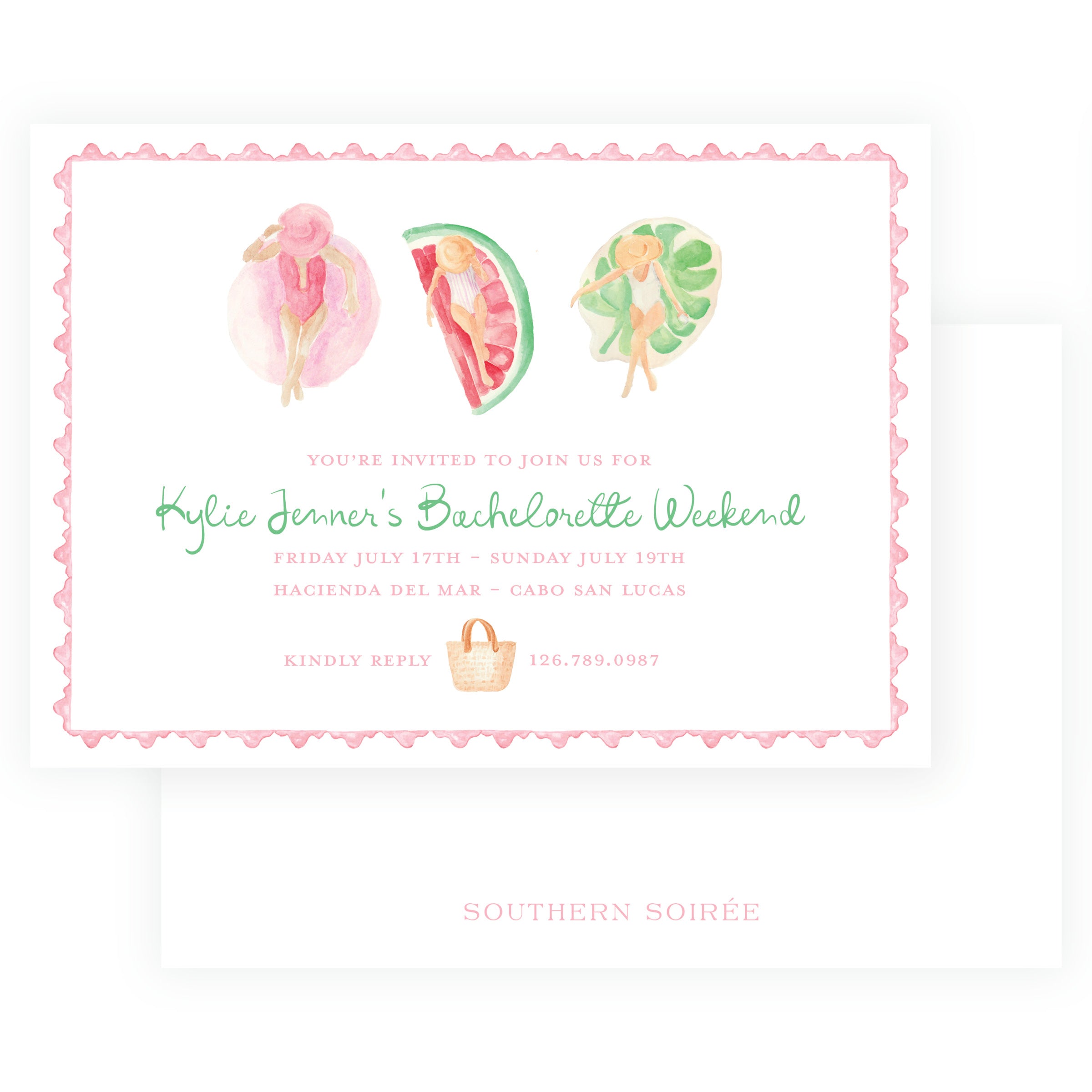 Personalized pink bachelorette weekend invitation with watercolor pool girl artwork