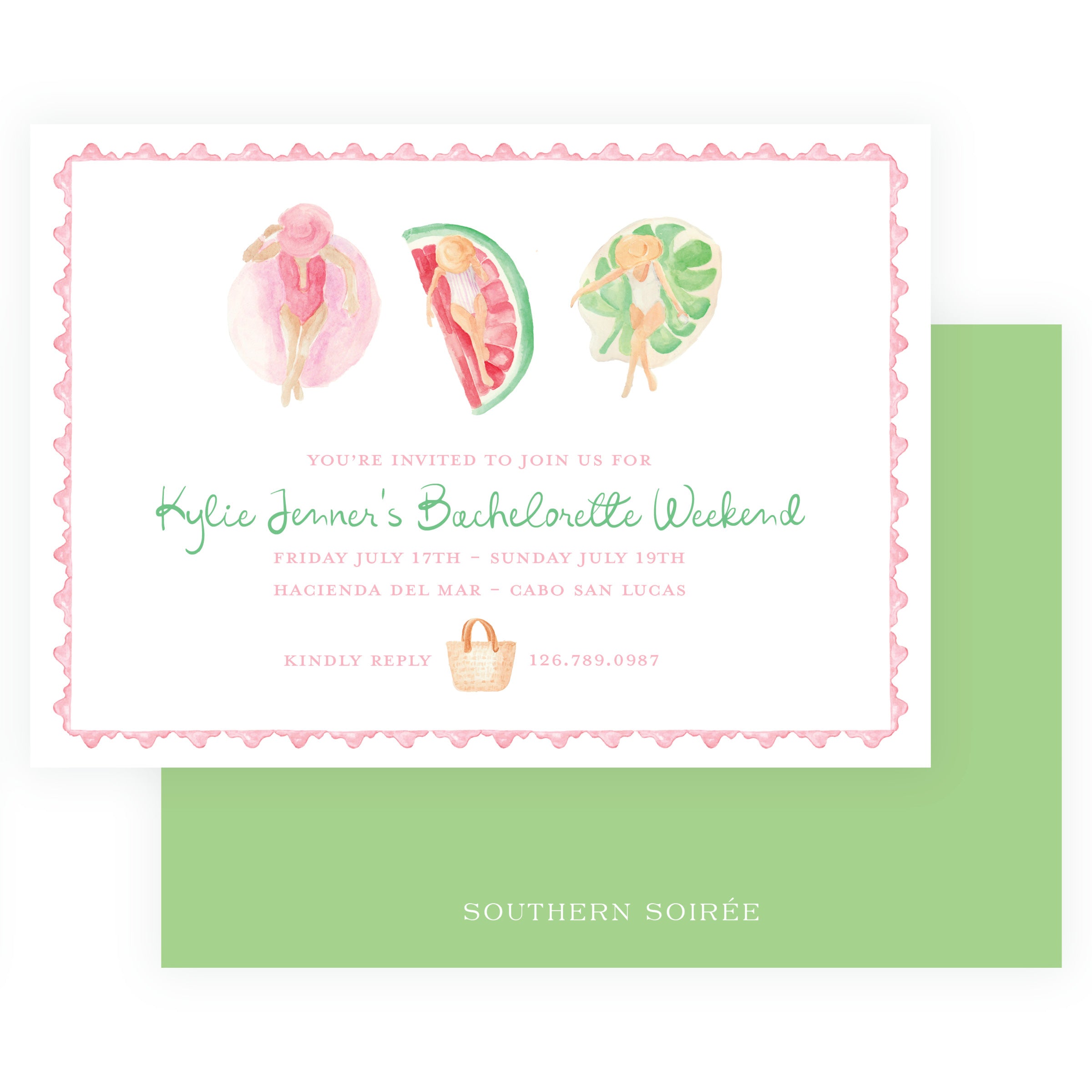 Pink bachelorette invitation reverse with watercolor umbrellas, pool floats and woven totes