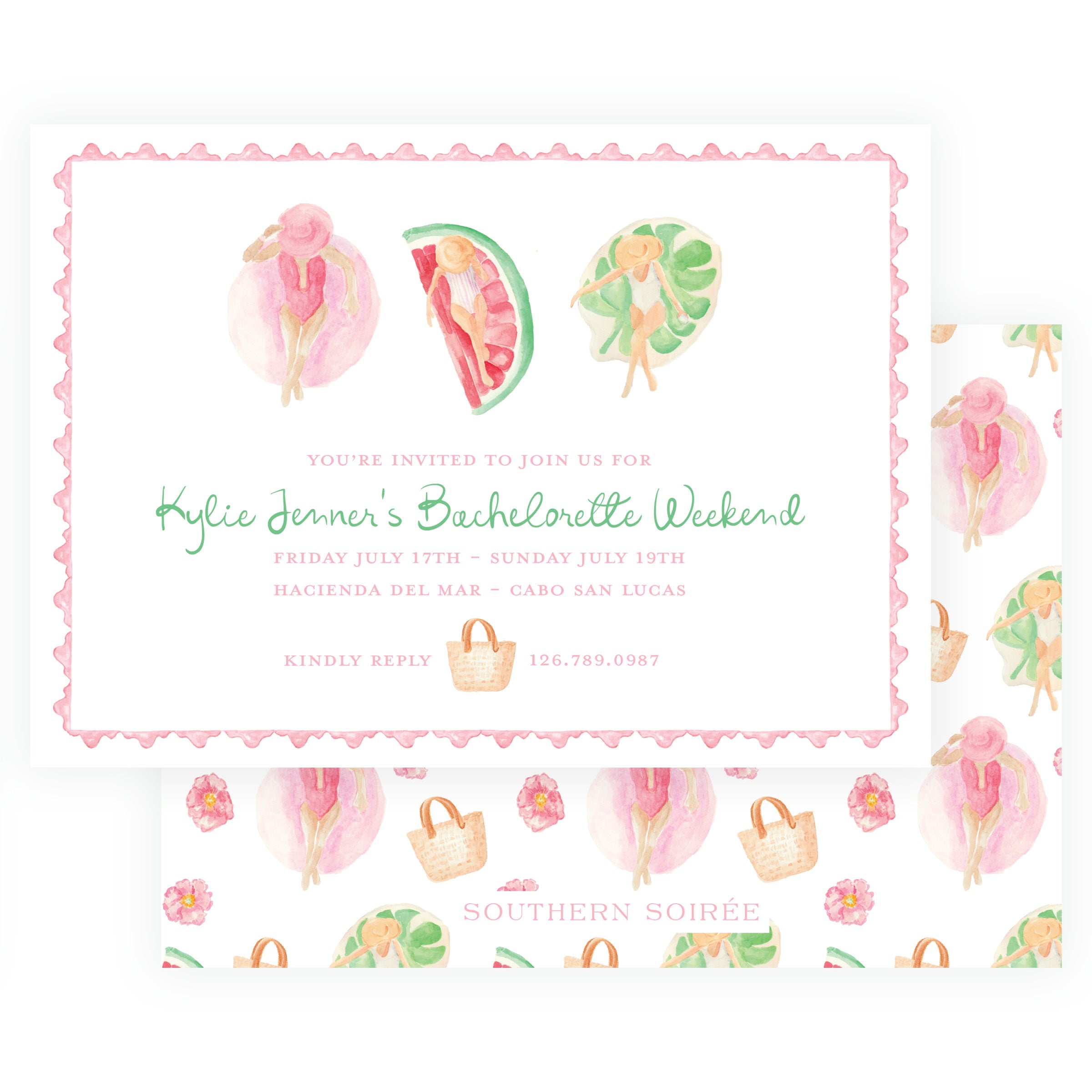 Tropical bachelorette invitation with three watercolor pool girls, colorful floats and pink scalloped border