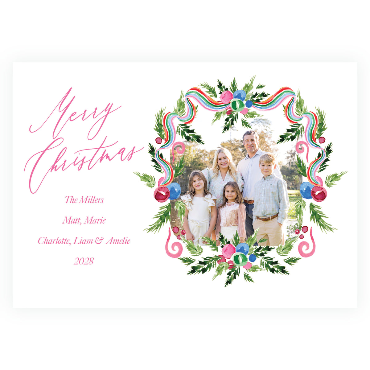 Merry Wreath Landscape Personalized Christmas Photo Card