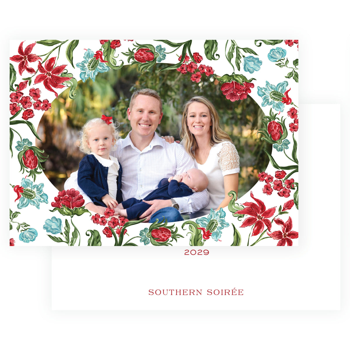 Decked in Garland – Holiday Chintz Oval Landscape Personalized Christmas Photo Card