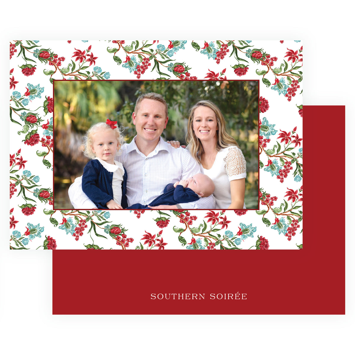 Watercolor floral landscape Christmas card with family photograph