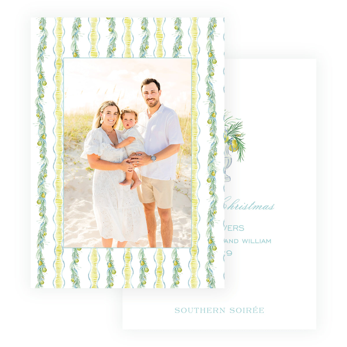 Evergreen and Pear garland stripe personalized Christmas photo card
