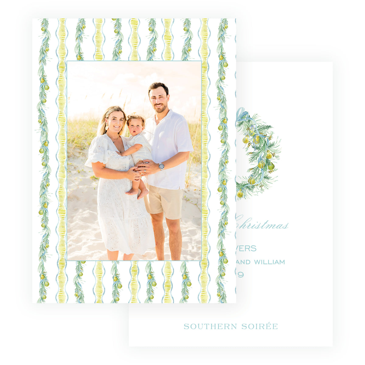 Personalized Christmas photo card with pear garland and wavy stripes