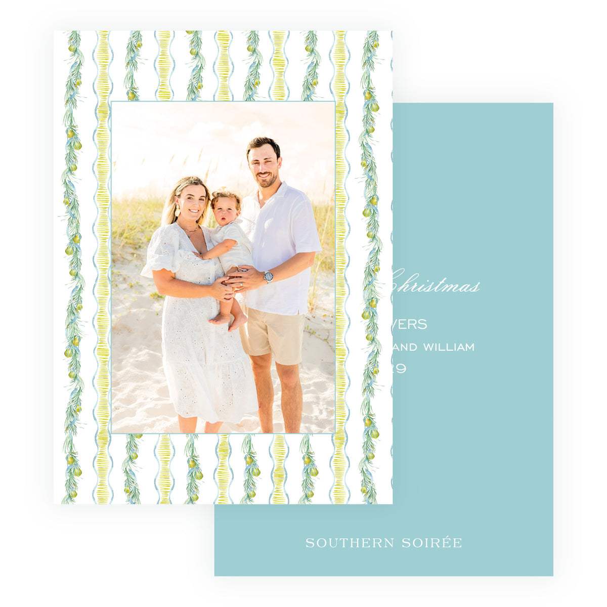 Watercolor evergreen and golden pear patterned family Christmas card