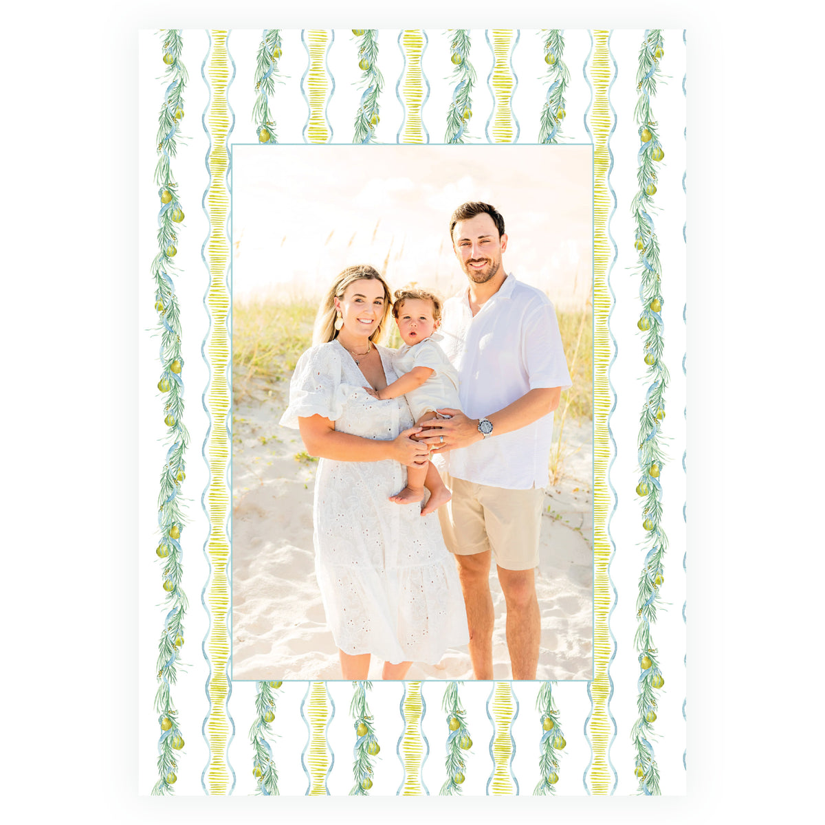 a decorative border frame with green palm fronds and yellow-green spiral motifs on a white background.