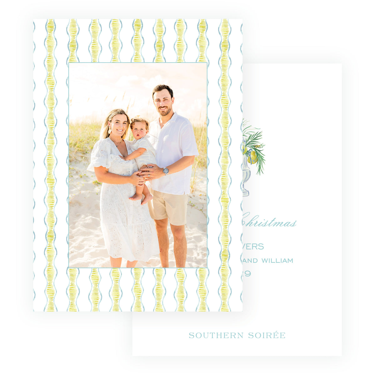 Blue and gold stripe personalized family Christmas photo card
