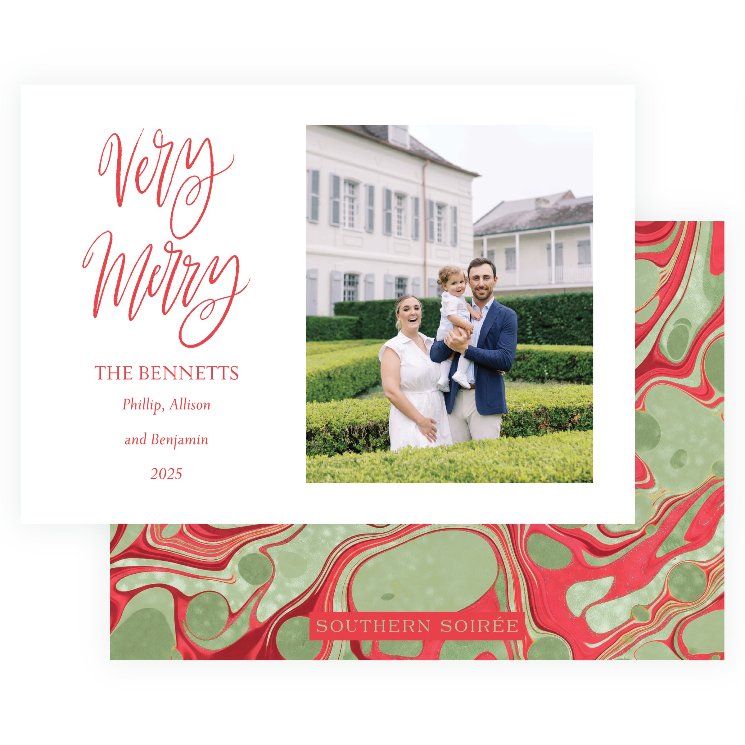 Personalized Very Merry red and green Christmas card featuring festive marbled artwork and a family holiday photo