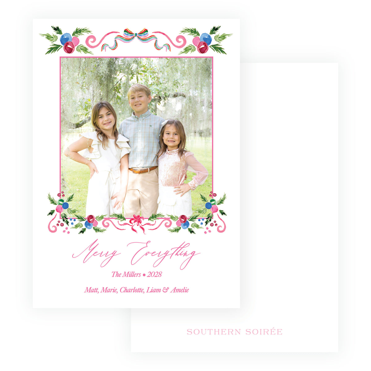 Personalized Christmas photo card with colorful bows ornaments greenery and family photograph