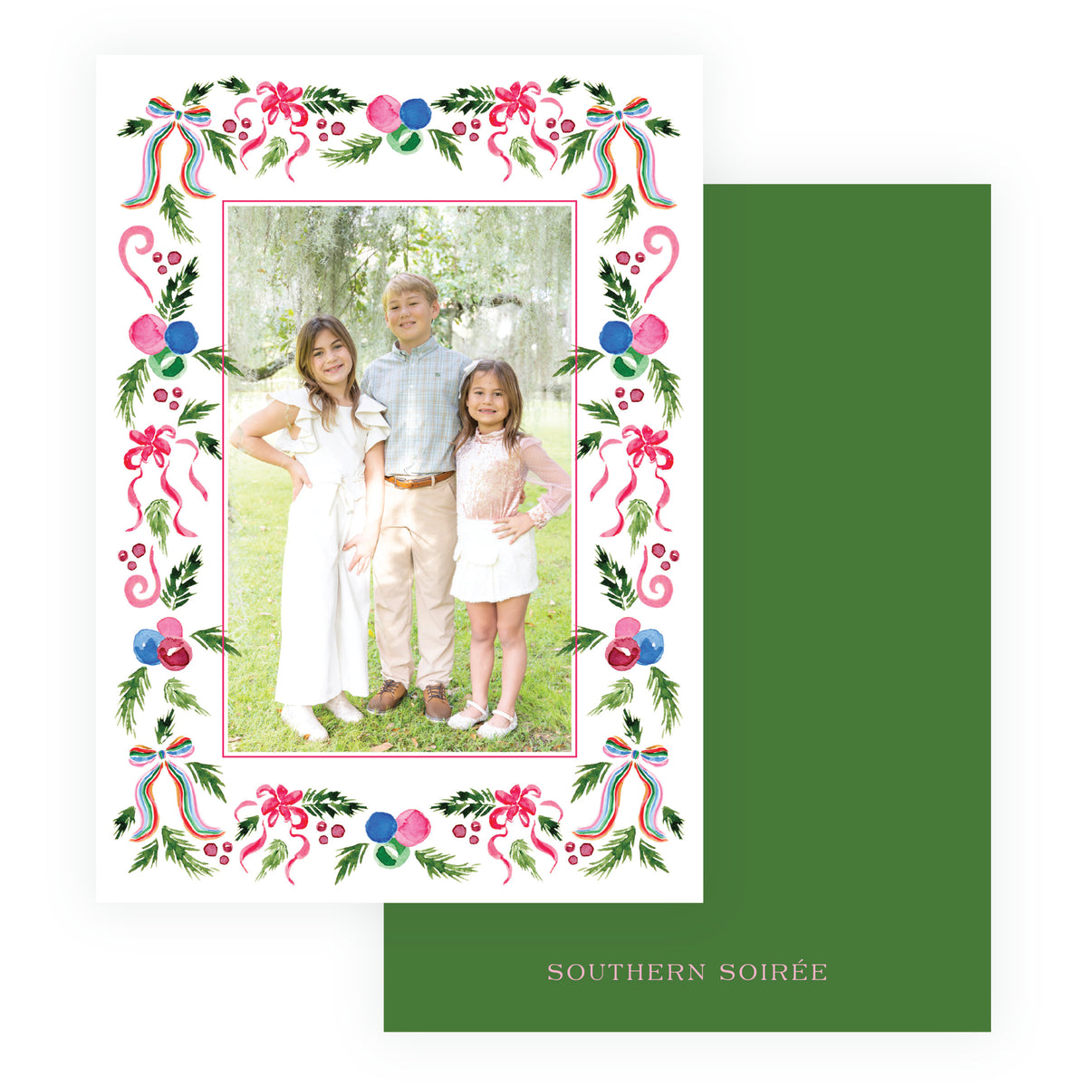 Watercolor garland personalized holiday photo card with full family photograph