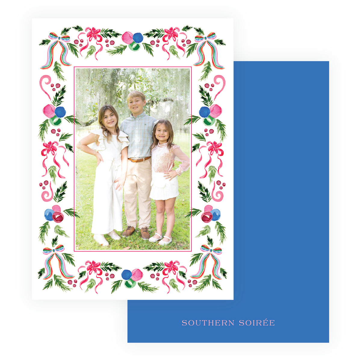 Botanical Christmas photo card with coordinating patterned back option