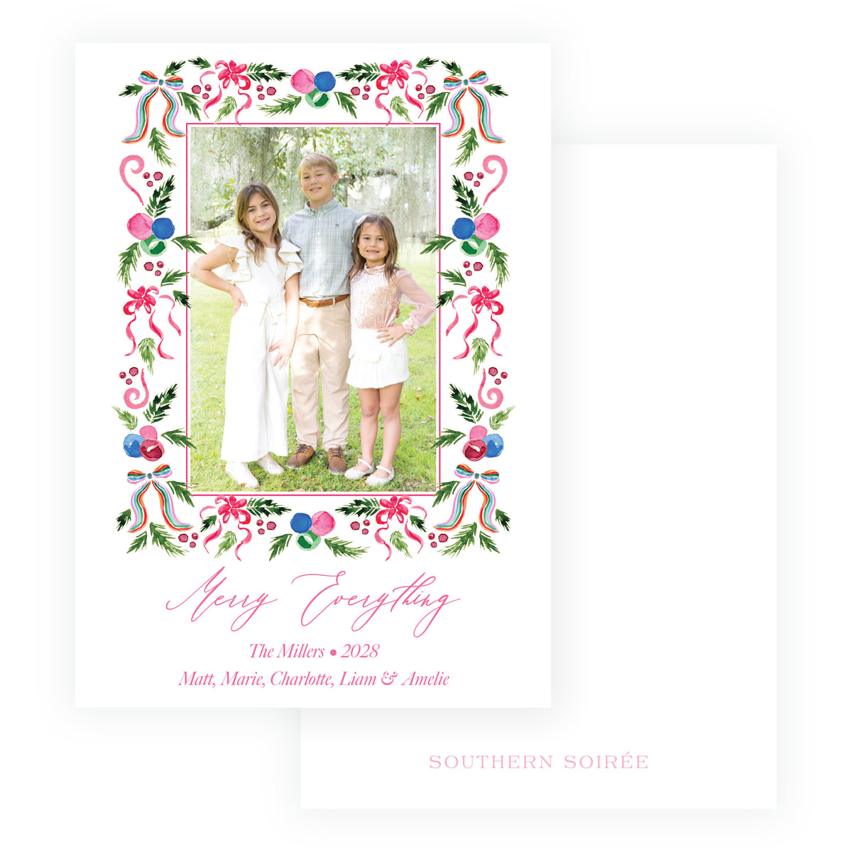 Personalized Merry Everything family Christmas card with botanical garland