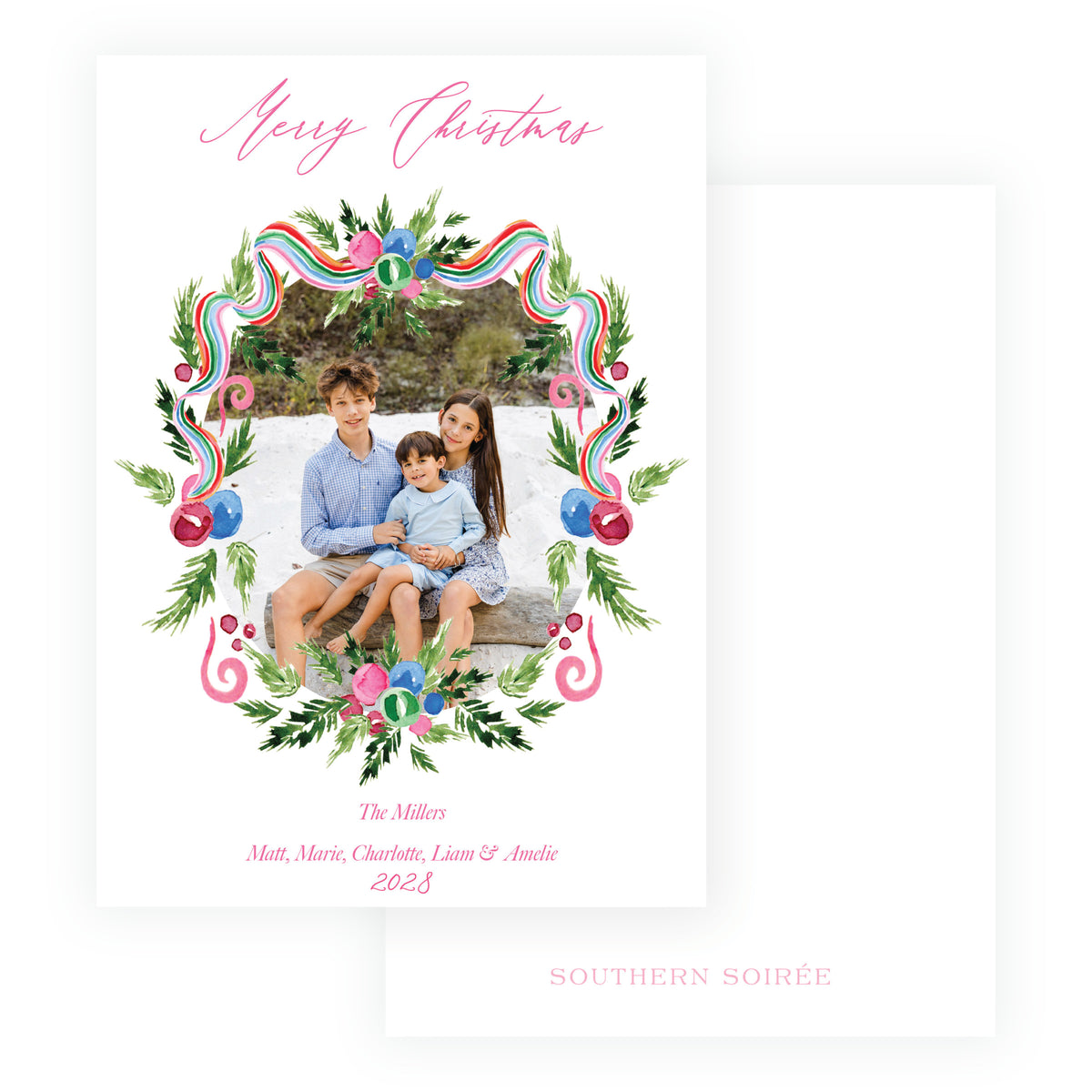 Personalized holiday photo card with colorful bow and greenery wreath