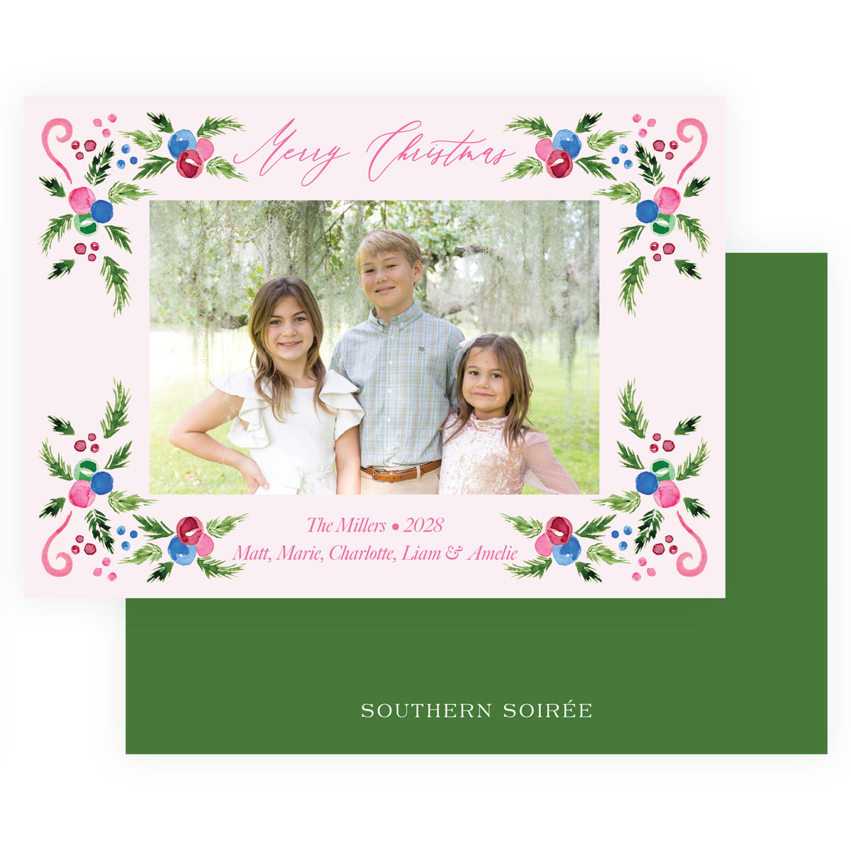 Merry Botanical Frame Pink Landscape Personalized Christmas Photo Card