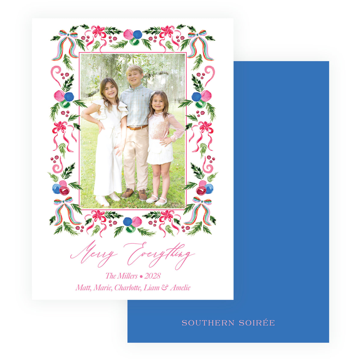 Southern Soirée personalized family Christmas card with festive greenery