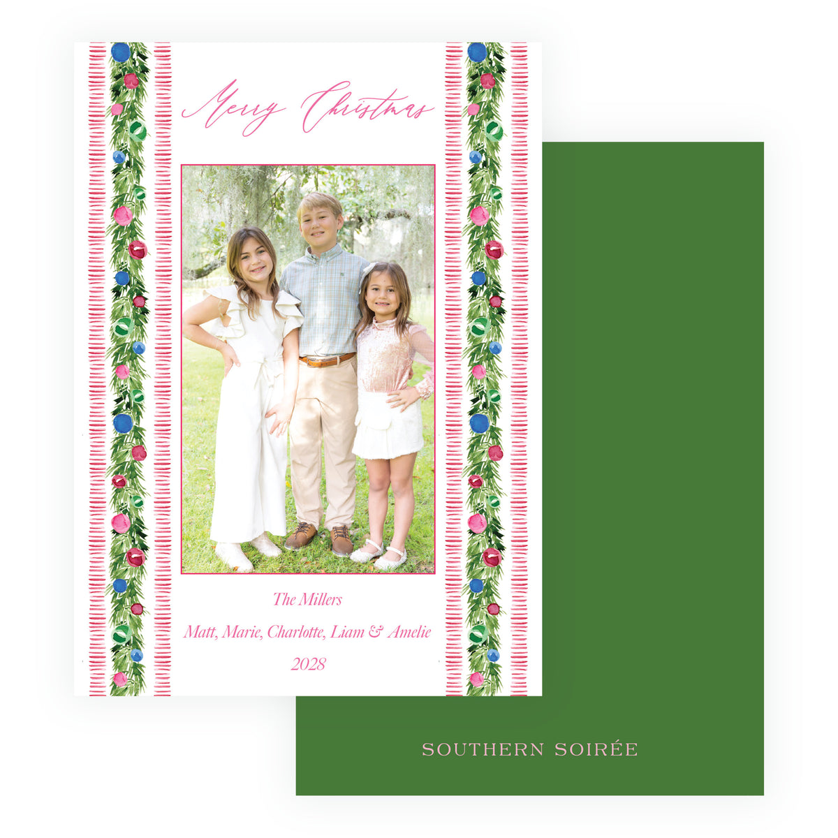 Festive Trim Striped Garland Personalized Christmas Photo Card