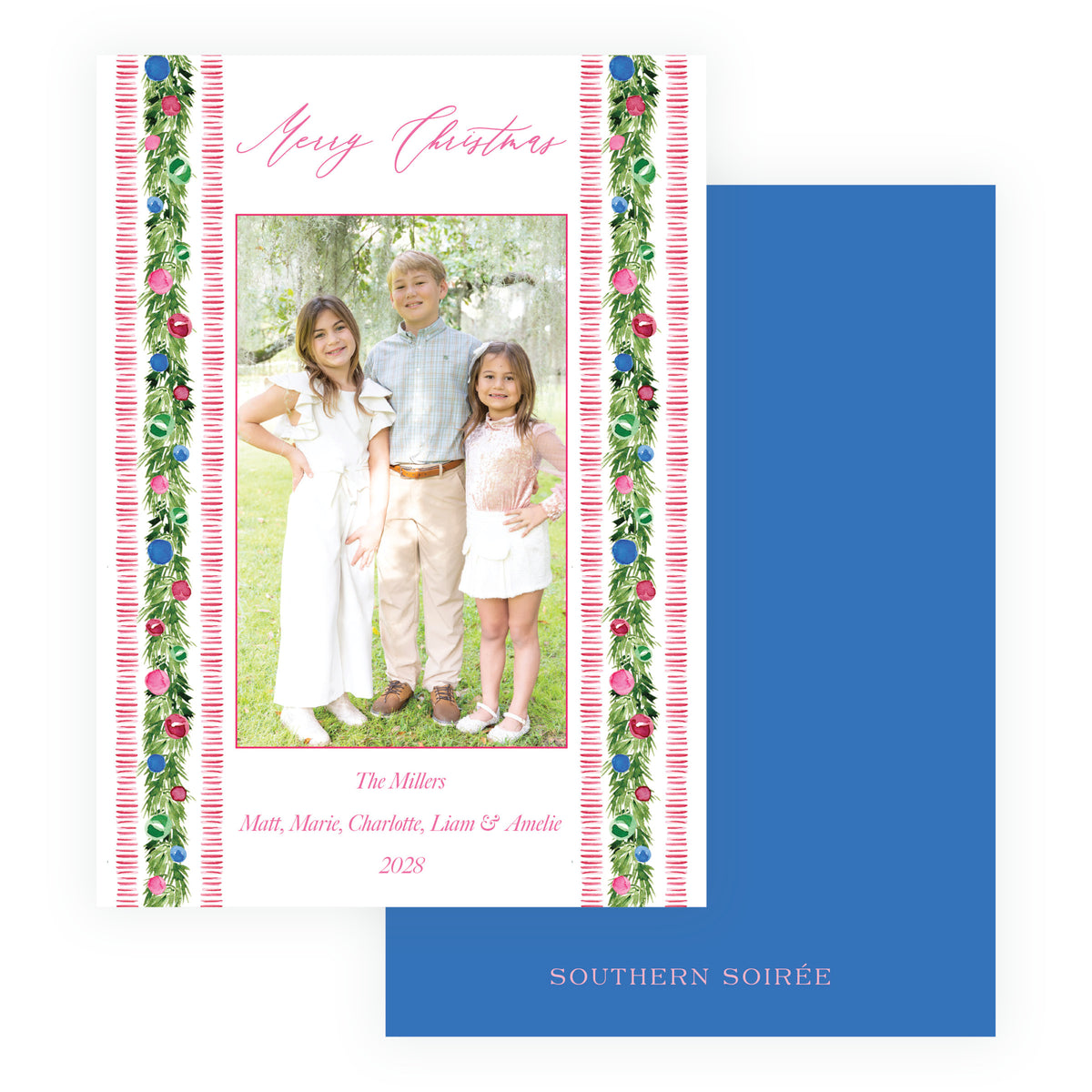 Southern Soirée striped garland personalized family Christmas card
