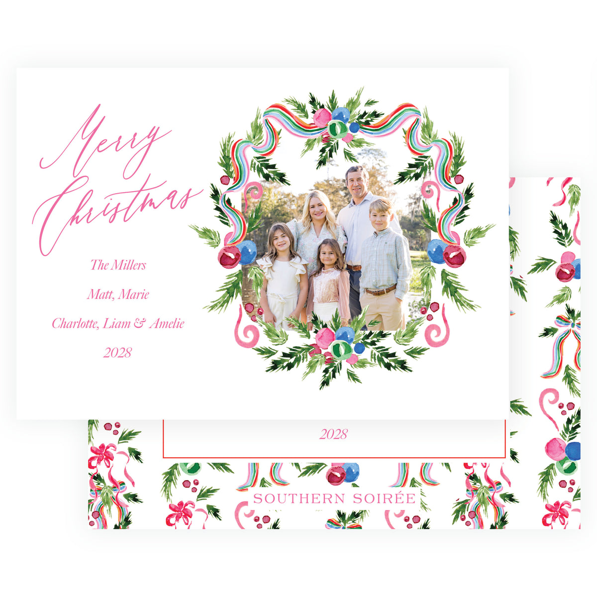 Merry Wreath Landscape Personalized Christmas Photo Card