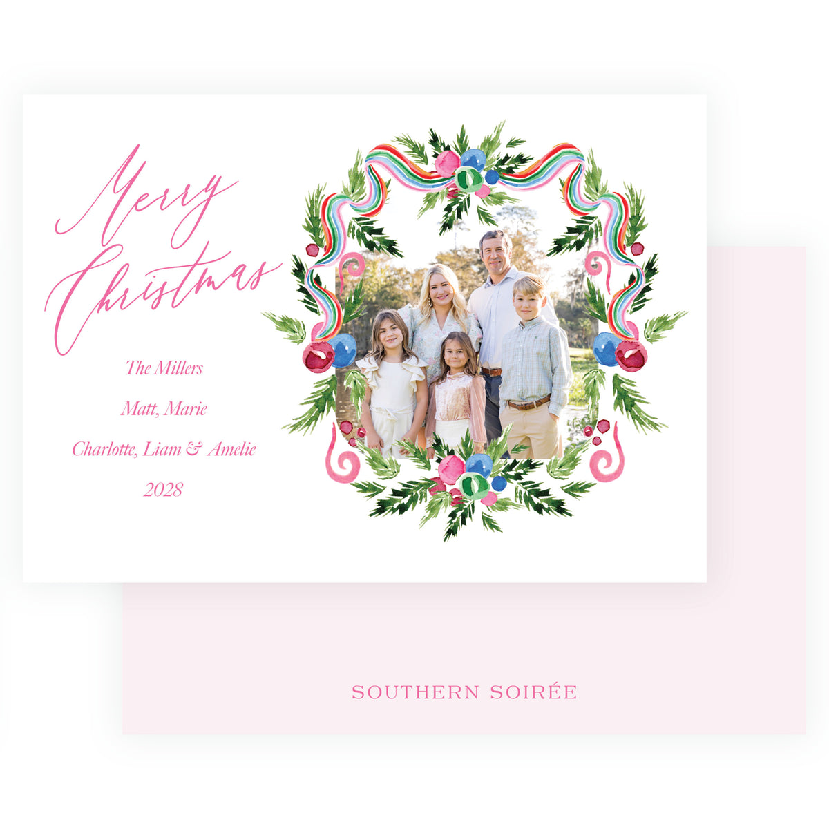 Merry Wreath Landscape Personalized Christmas Photo Card