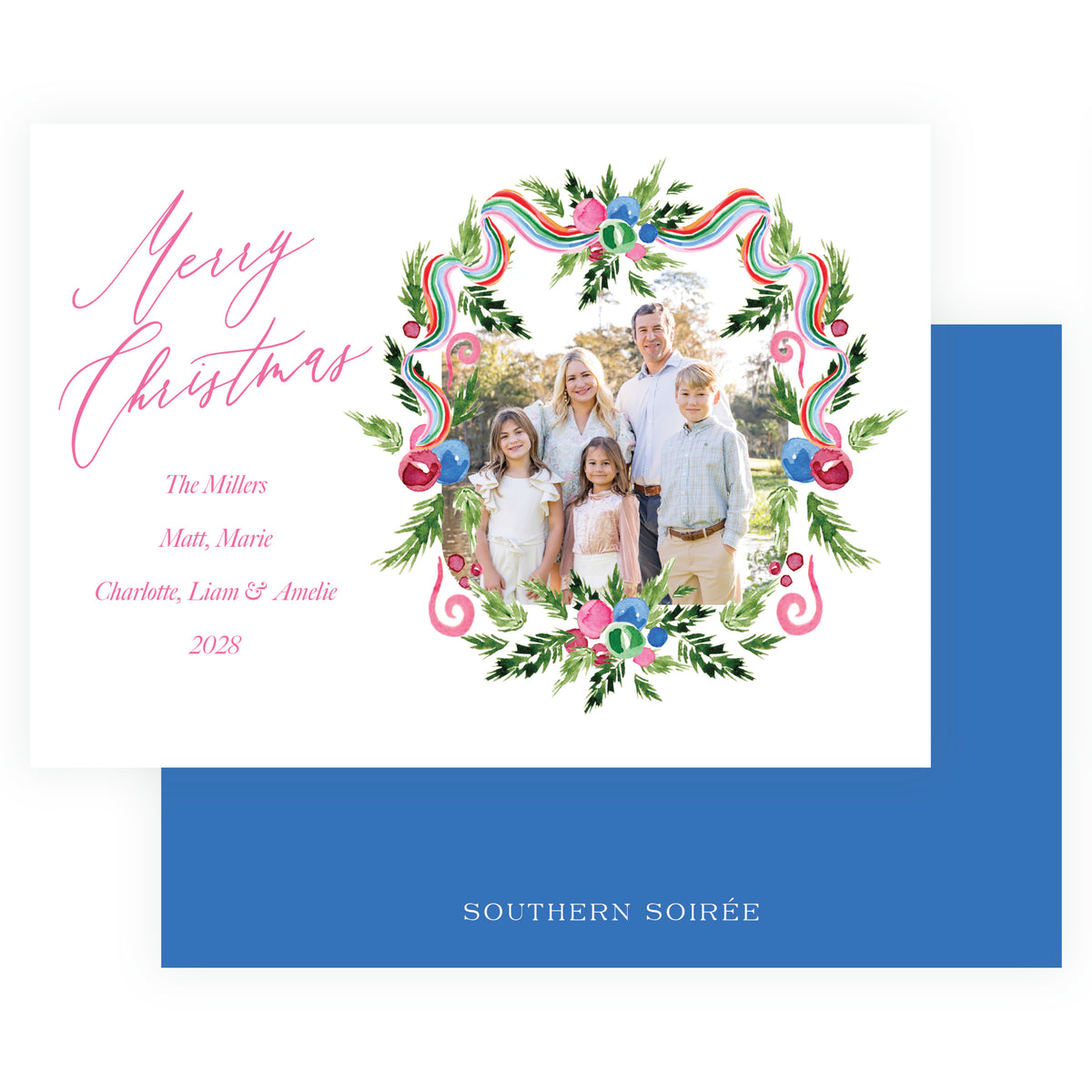 Merry Wreath Landscape Personalized Christmas Photo Card