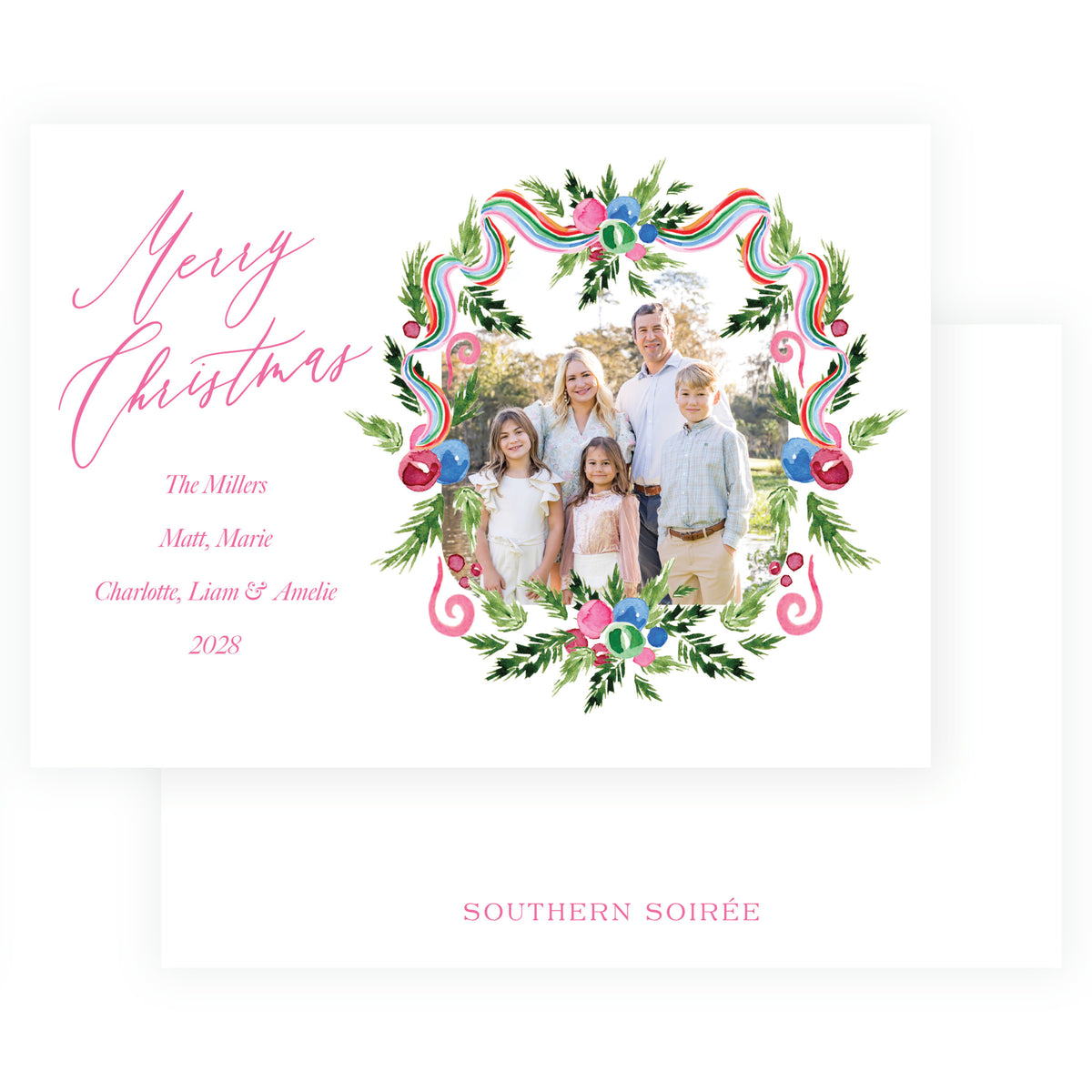 Merry Wreath Landscape Personalized Christmas Photo Card