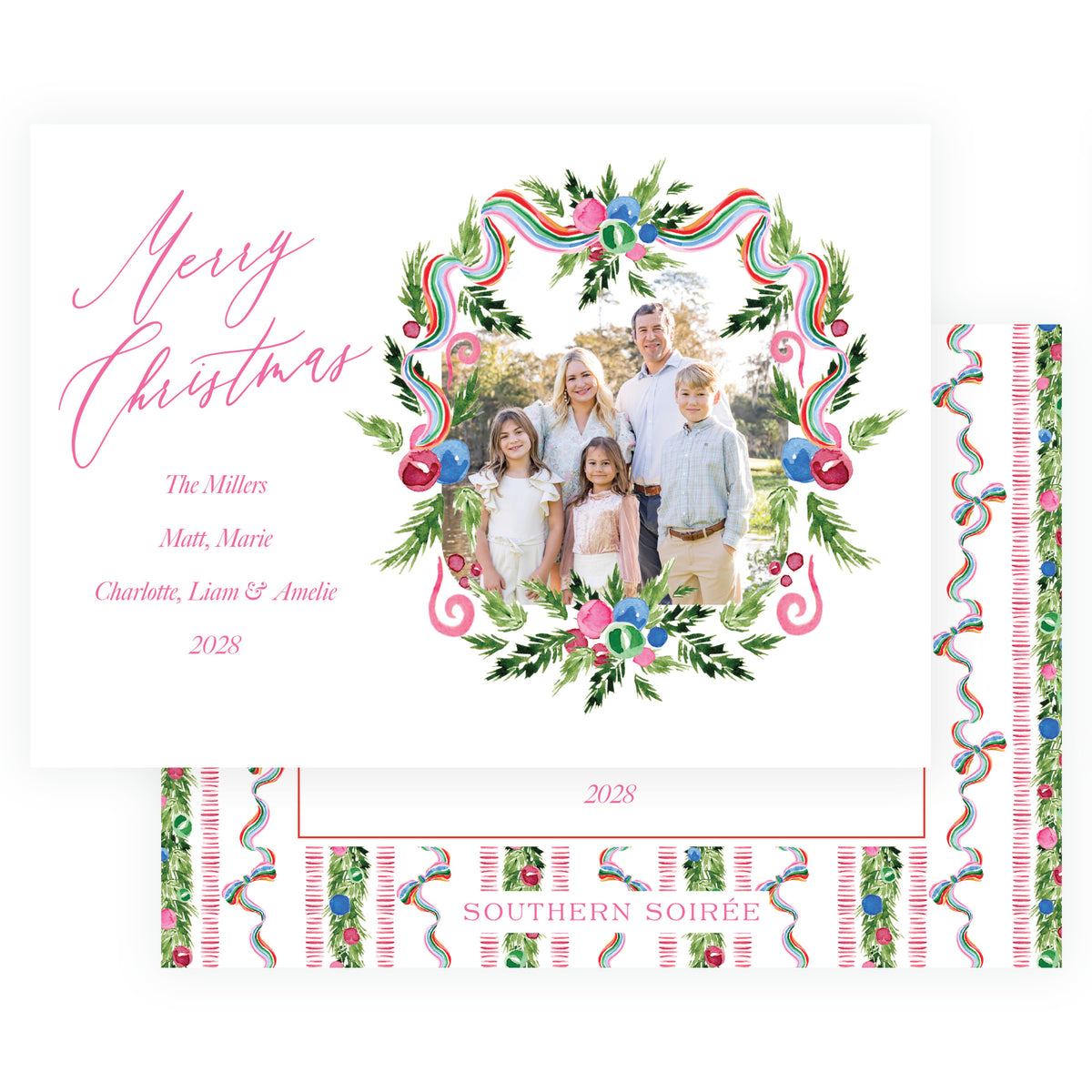 Merry Wreath Landscape Personalized Christmas Photo Card