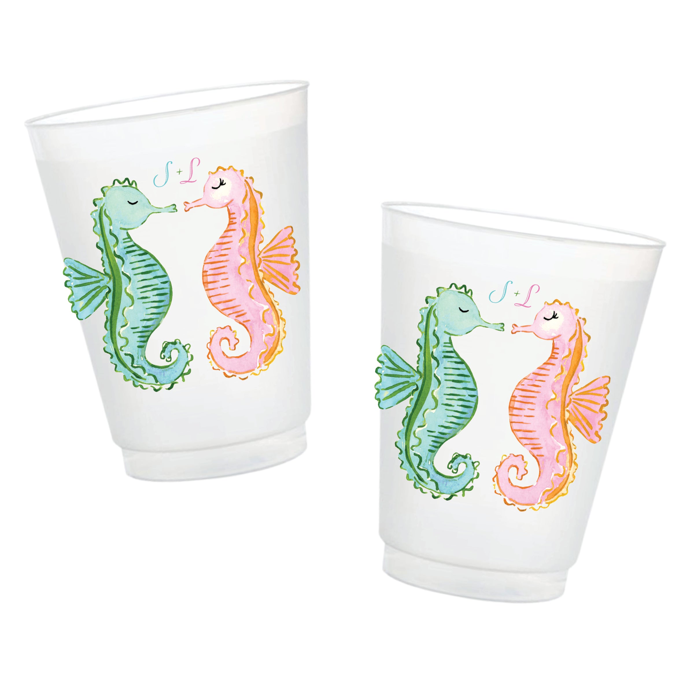 Pink and blue watercolor seahorse custom frosted cup design with personalized initials