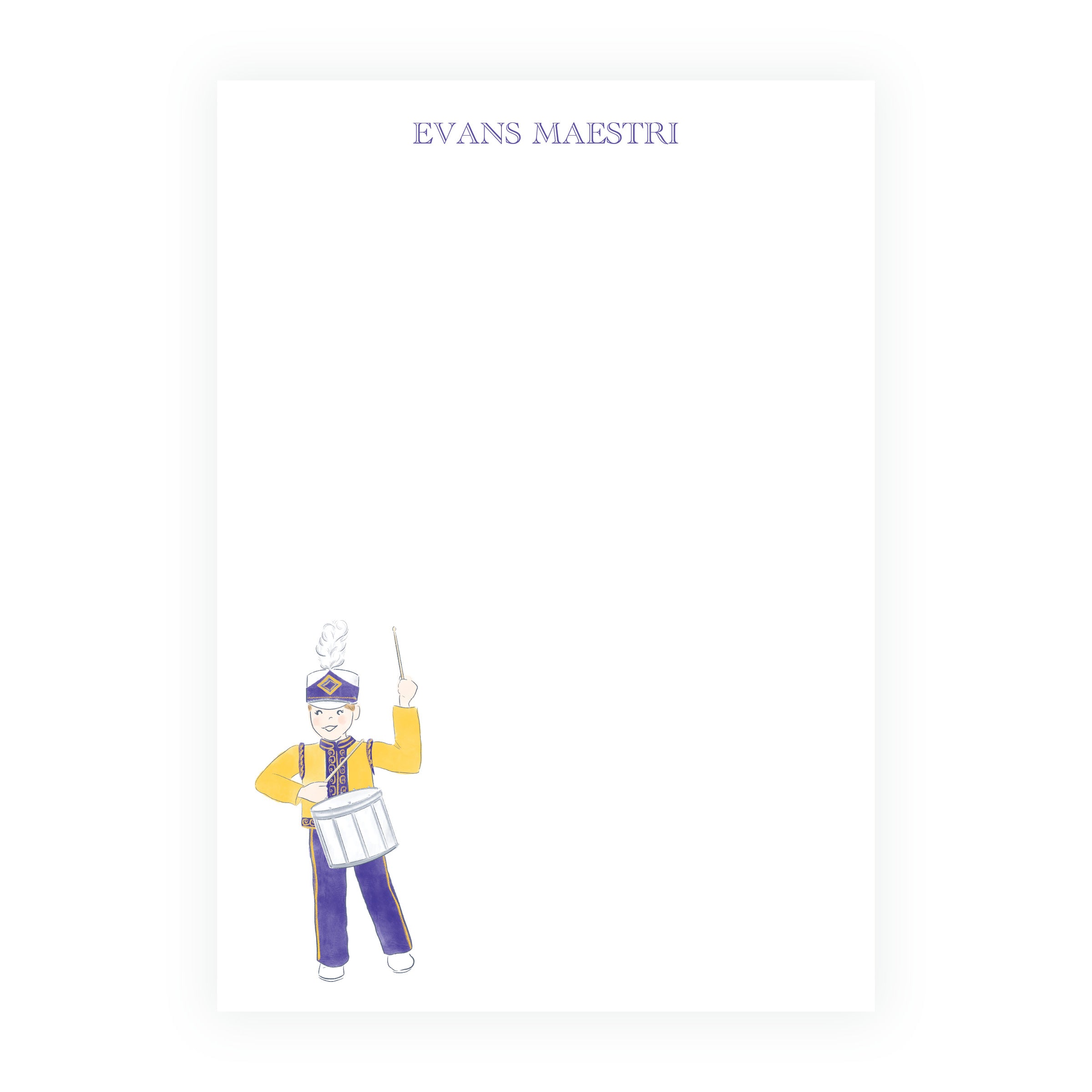 Personalized purple and gold marching band drummer notepad with custom name