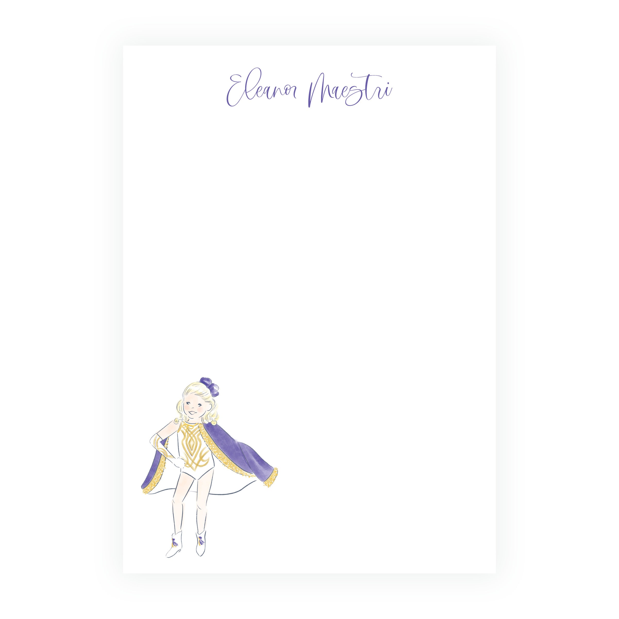 Personalized purple and gold dance team girl notepad with custom name